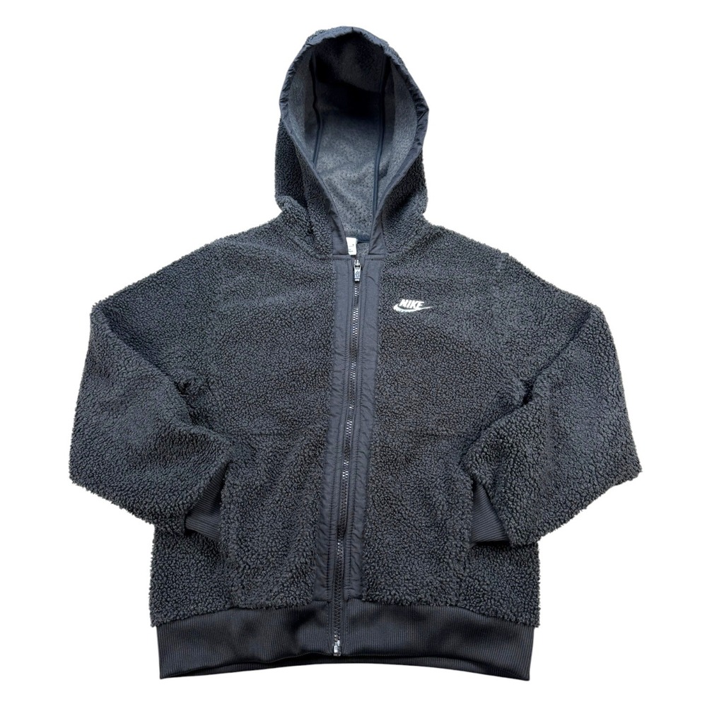 Nike Full Zip Hoodie Women Medium Black Faux Fur Sherpa Jacket FJ6019-010